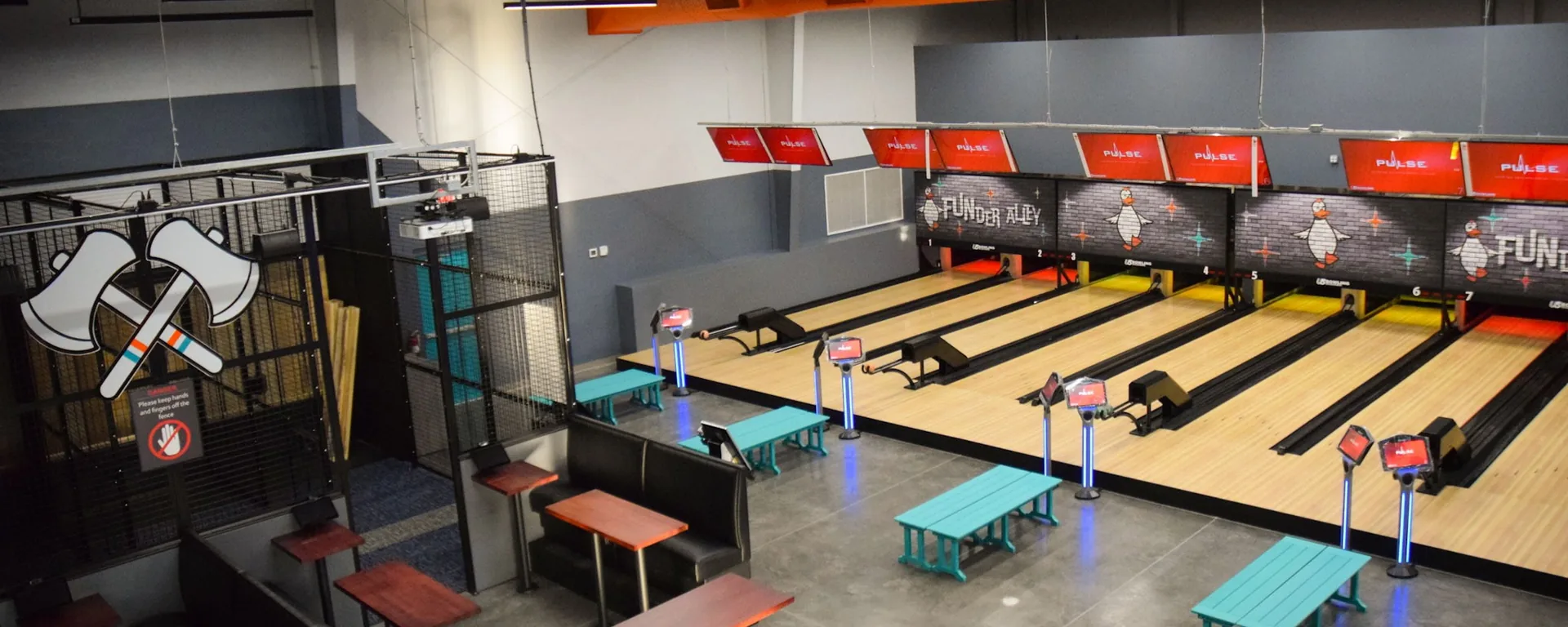 Overhead view of Funder Alley's duckpin lanes and Laser-Tron axe throwing cages