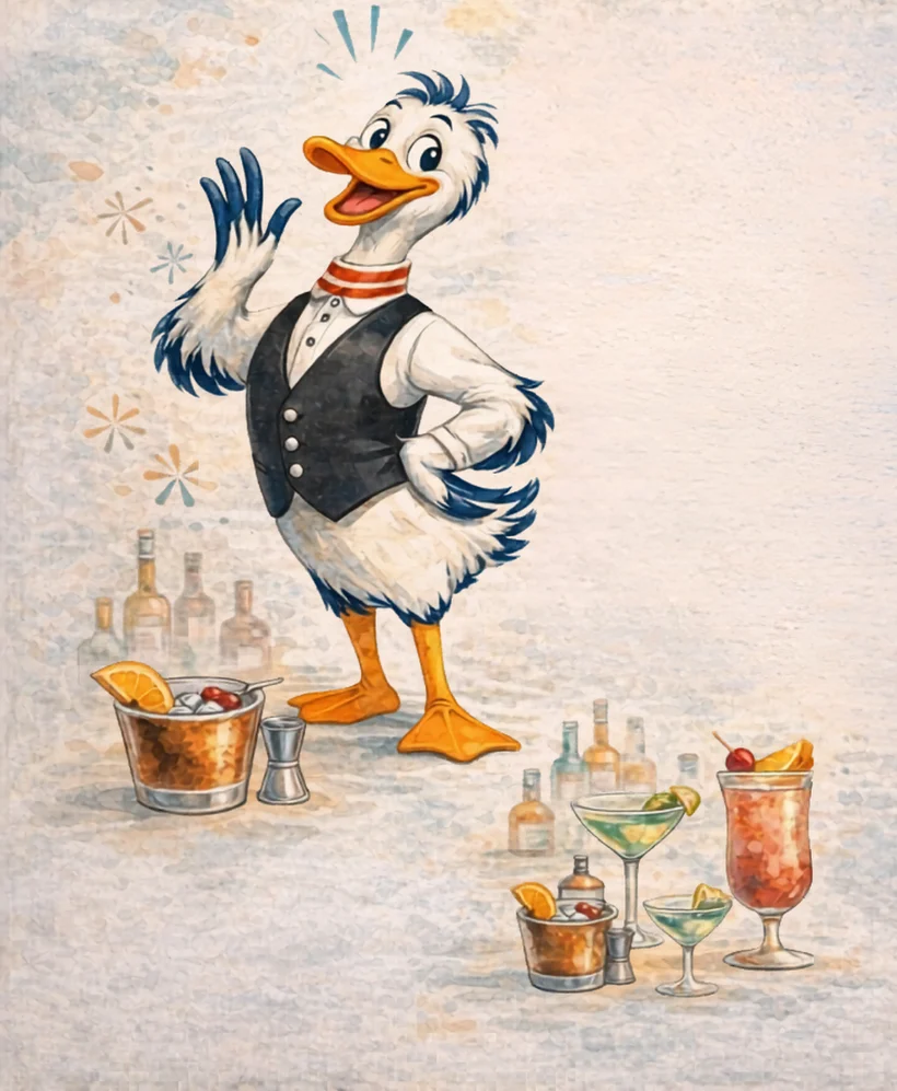 Larry the duck, Duck's Landing mascot, in a vest beside cocktails — watercolor illustration