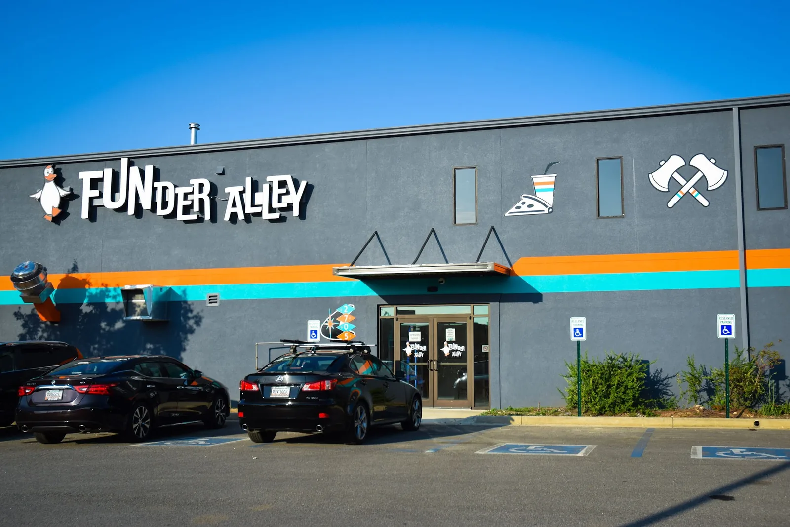 The Funder Alley building on Battlefield Parkway, with duck signage above the entrance